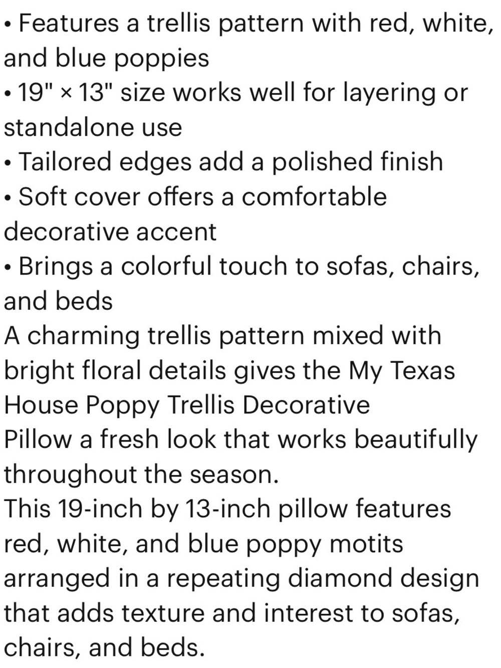 MY TEXAS HOUSE NWT reversible Poppy Trellis
Decorative Pillow 19" x13” - Picture 8 of 9